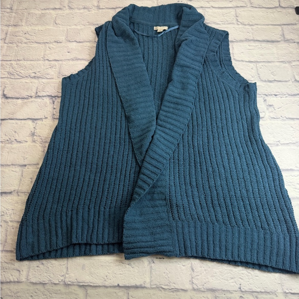 Chenille Sleeveless Shawl Collar Knit Vest - Teal Blue. Size XL. Lagenlook.